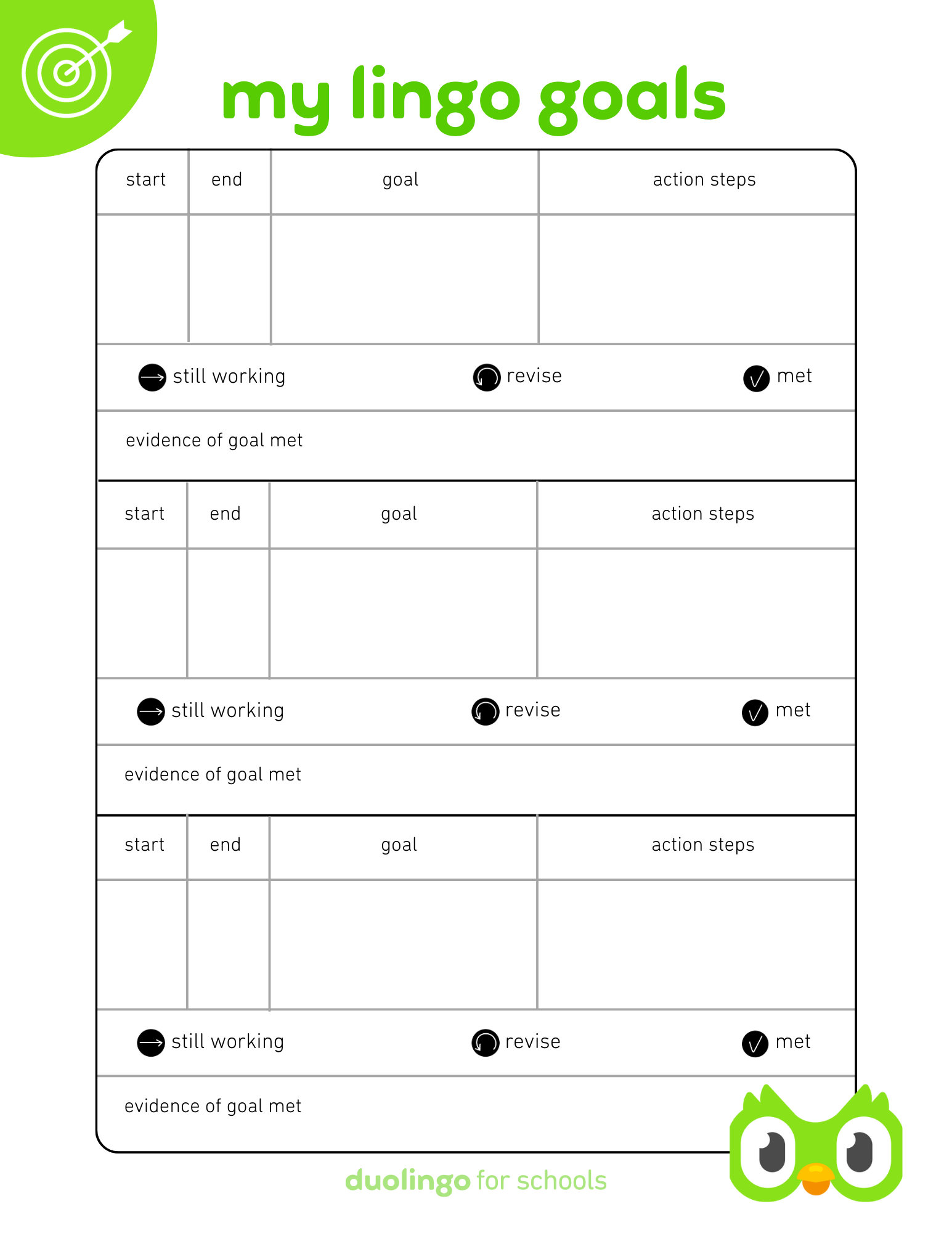 Student goal setting sheet – Duolingo for Schools