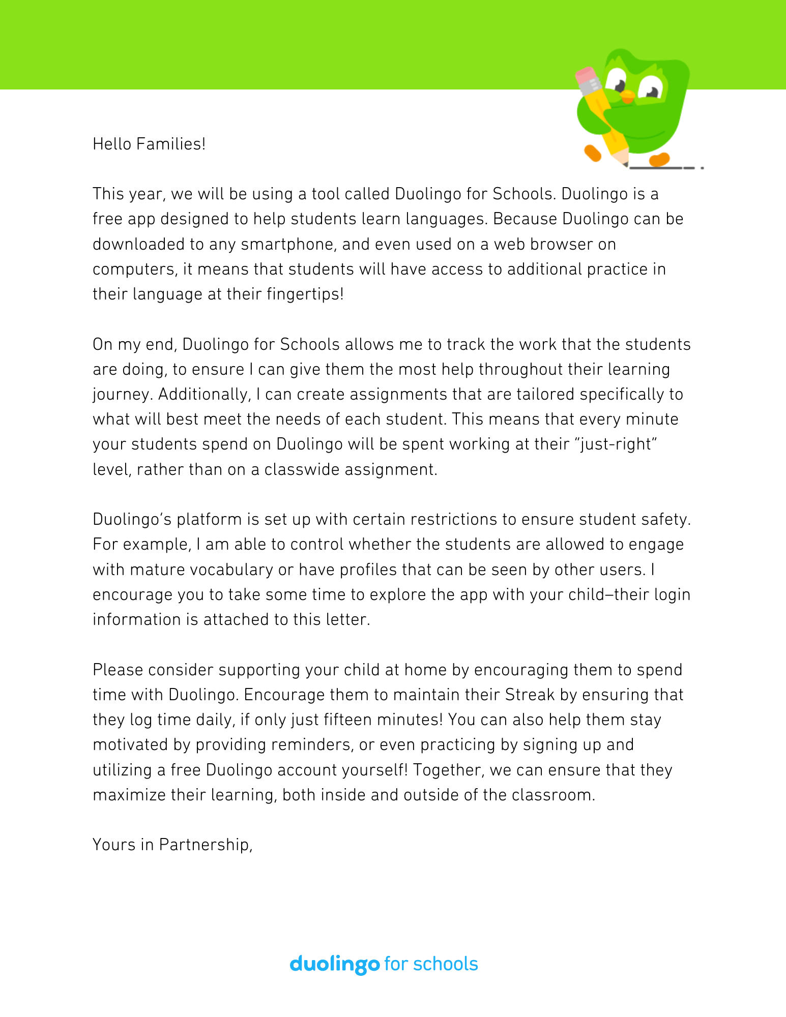 Sample letter to families – Duolingo for Schools